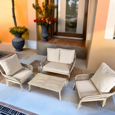 Ensemble de conversation de patio 4 pièces en acacia avec coussins
