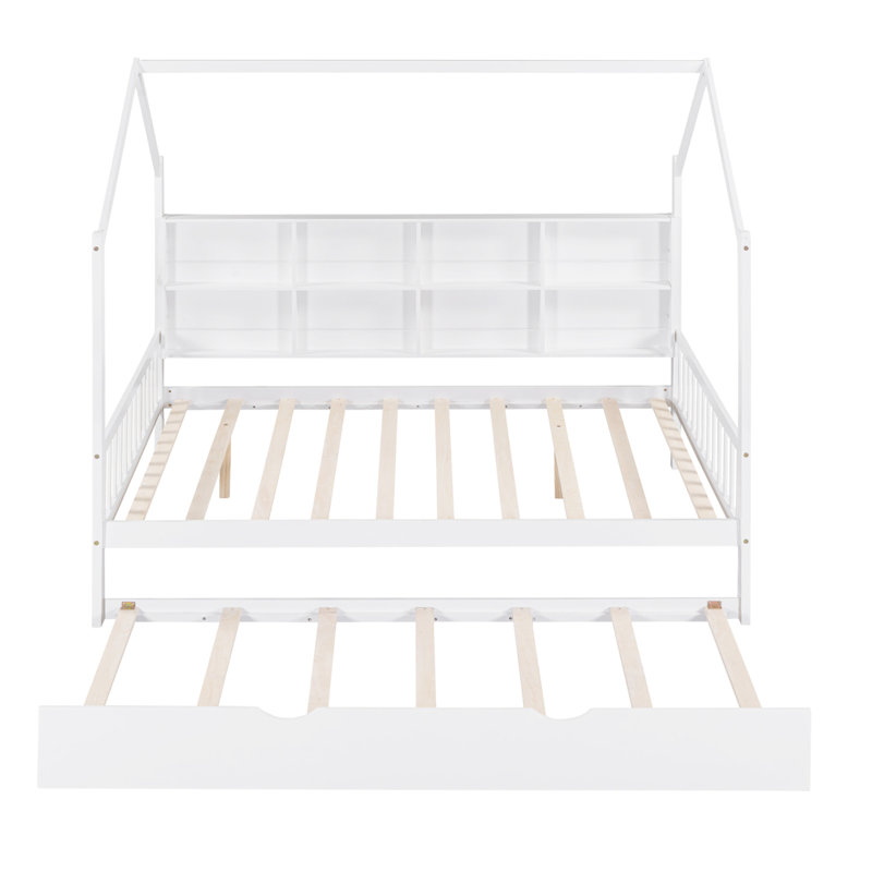 Lit double en bois avec lit gigogne, lit pour enfant avec tablette, blanc, Lit double