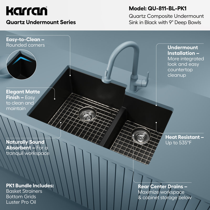 Karran Quartz 32'' X 21-1/4'' Double Bowl 60/40 Undermount Kitchen Sink Kit, Black