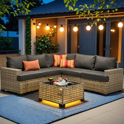 Tommy Modular 5-Person Wicker Patio Sectional with Cushions and Glass Table