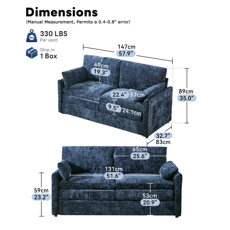 Drago 58'' Modern Square Arm Loveseat Sofa, Blue