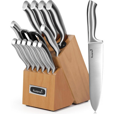 Ensemble de couteaux de cuisine en acier inoxydable à haute teneur en carbone de 15 pièces avec bloc de couteaux en bois d'acacia