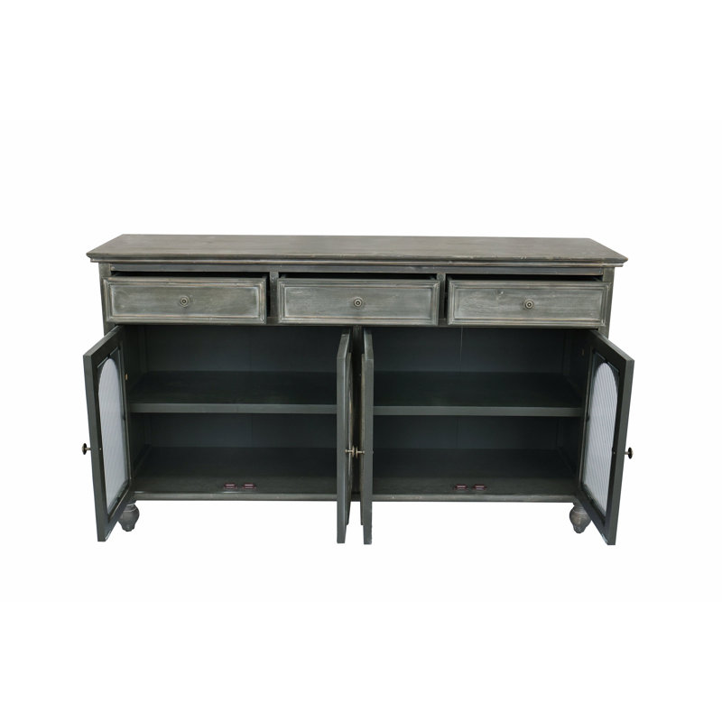 59.06" Farmhouse Sideboard Buffet Cabinet, Distressed Wood Credenza With 3 Drawers & 4 Glass Doors, Rustic Storage Cabinet With Shelves For Kitchen, Dining Room, Living Room, Gray