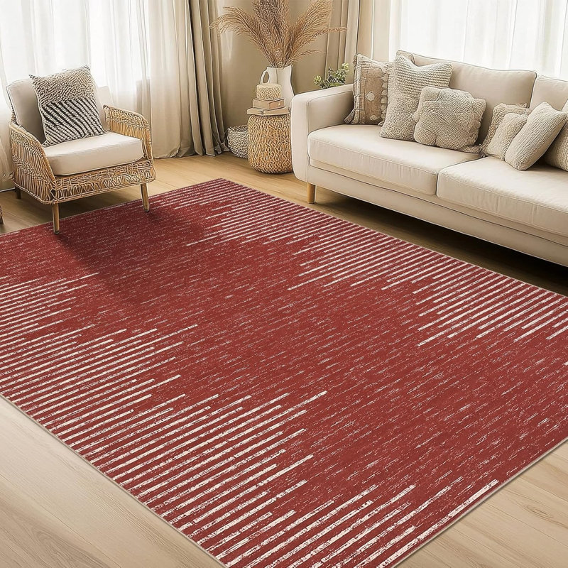 Area Rug 8X10 Washable Area Rugs For Living Room Bedroom Dining Room Neutral Area Rug Geometric Striped Carpet Stain Resistant Farmhouse Floor Cover Red