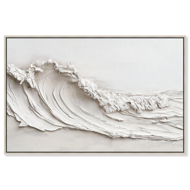 Vague sur toile blanche par Art Remedy, H 17 po x l 25 po, Argent argent, Cadre flottant