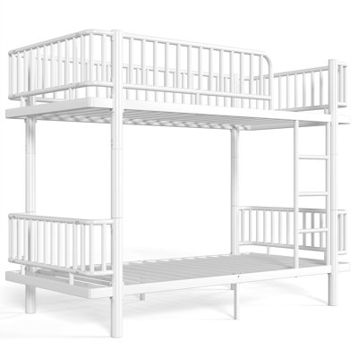 Lit superposé Twin XL avec échelles et barrières de sécurité, structure métallique renforcée avec tubes ronds pour plus de sécurité, transformable en 2 lits plateforme, blanc