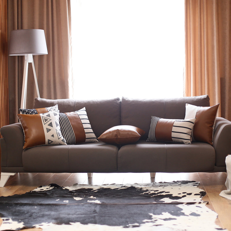Bohemian Brown and Black Geometric Faux Leather Pillow Covers Set