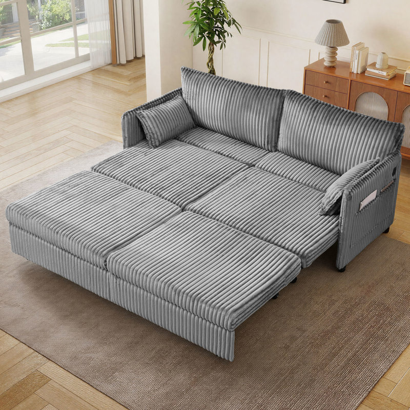 73" Pull Out Sofa Bed with Side Pocket& USB,3-in-1 Sleeper Sofa Corduroy Couch, Gray