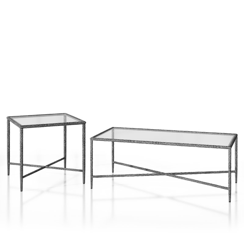 Lalia 2-Piece Modern Hammered Metal X-Brace Coffee Table Set, 2 Pieces: Coffee Table, End Table, Matte Gray