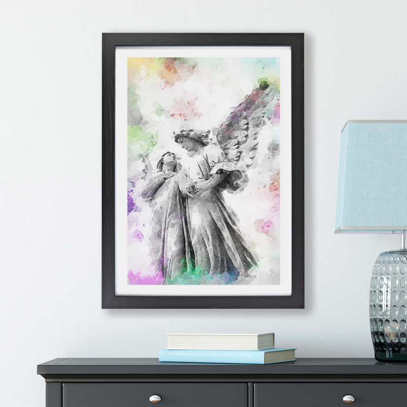 Angel Statue - Single Picture Frame Painting, Black, 45cm H x 63cm W x 2cm D