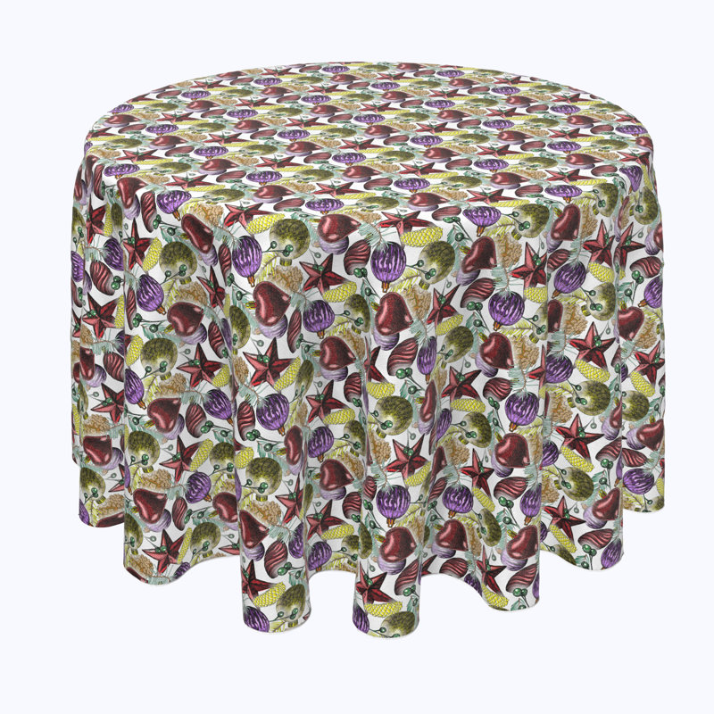 Geometric Round Christmas Tablecloth, 120" x 120", Beautiful Sketch Christmas Ornaments