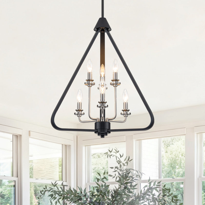 Lustre cage géométrique 6 lumières 20,87 ", noir mat et nickel satiné bicolore, hauteur réglable 32,68" -88,62 ", compatible avec un îlot de cuisine de salle à manger