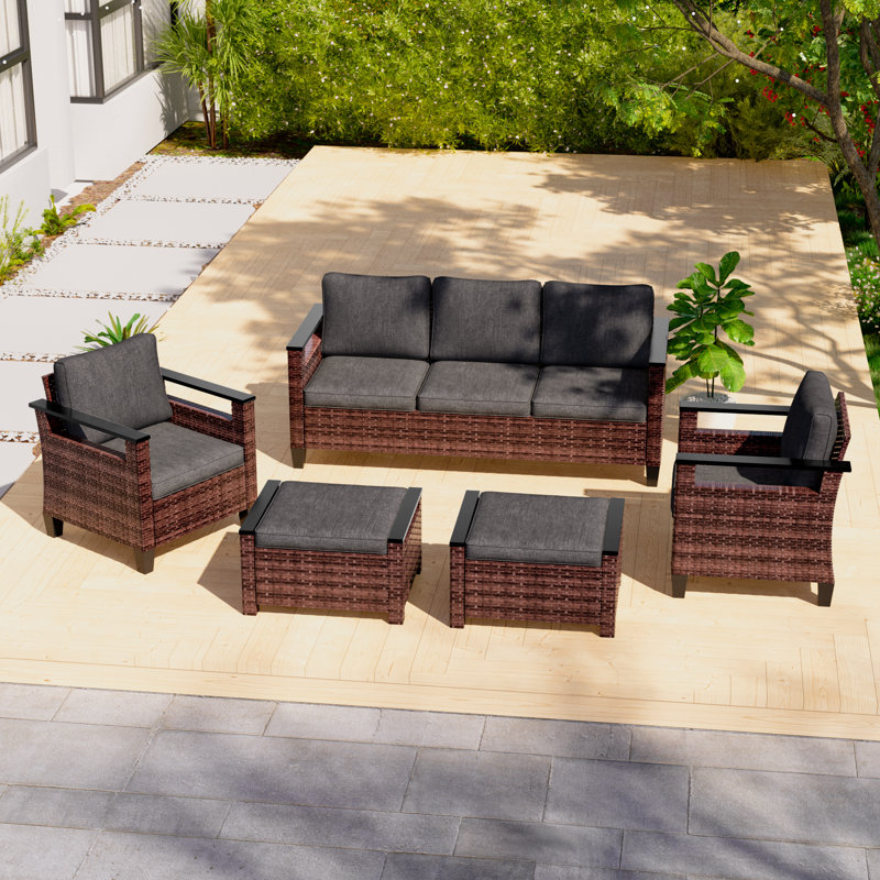 Liljenquist 5 Piece PE Wicker Patio Conversation Set with Ottoman, Black Gray