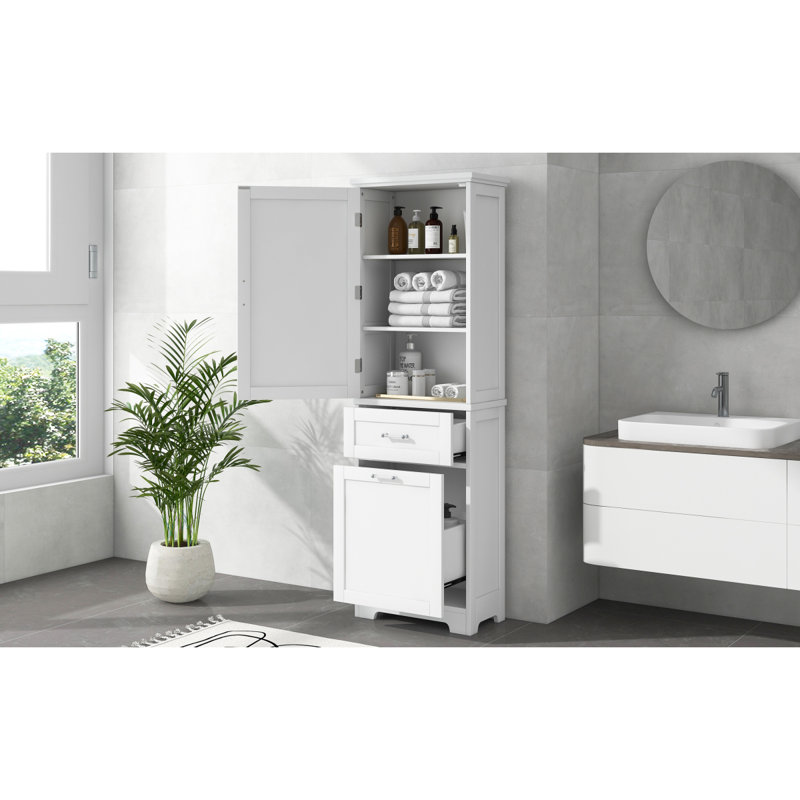 Grande armoire de rangement pour salle de bain, armoire de rangement autoportante avec deux tiroirs de tailles différentes et tablette réglable, panneau de fibres à densité moyenne avec finition peinte