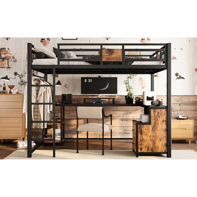 Lit mezzanine double en métal noir avec bureau, tiroirs, fonctionnement silencieux et rangement durable intégré, conception antirouille, réducteur, accès sécurisé