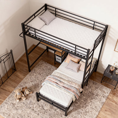Lit superposé Livio au-dessus de Livio avec station de travail Lit superposé en métal avec tablettes et tiroirs Lit mezzanine avec barrière de sécurité et échelle pour adolescent