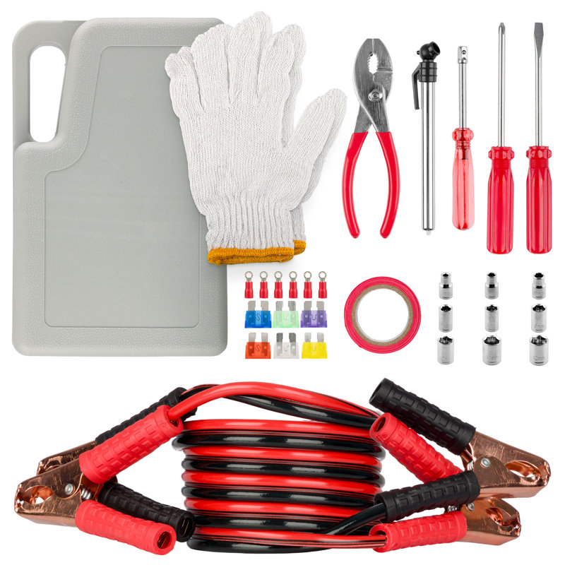 Trousse d'auto d'urgence Roadside - ensemble d'outils 30 pièces Road Trip Essentials avec câbles de démarrage et étui de transport pour voiture, camion ou véhicule récréatif par Stalwart (gris / rouge)