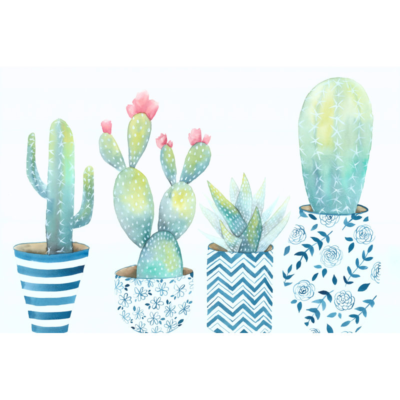 Cacti In Patterned Pots - Wrapped Canvas Print, 61cm H x 91cm W x 3.8cm D