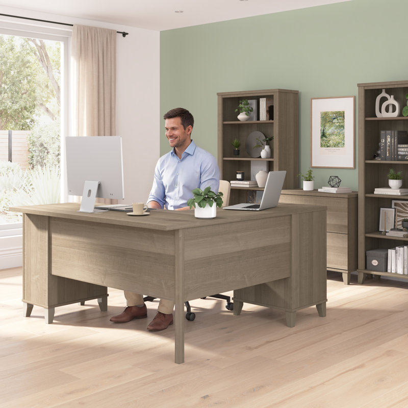 Paelynn 60” L-Shaped Desk with Storage and Drawers, Corner Computer Office Desk, Modern Wood, Ash Gray, Ash Gray