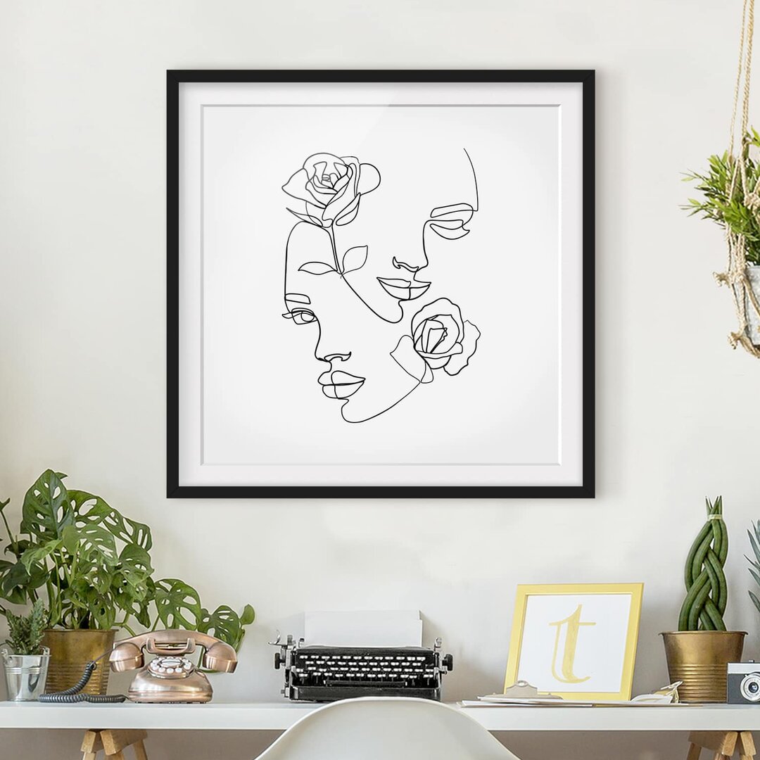 Gerahmtes Poster Line Art Faces Women Roses