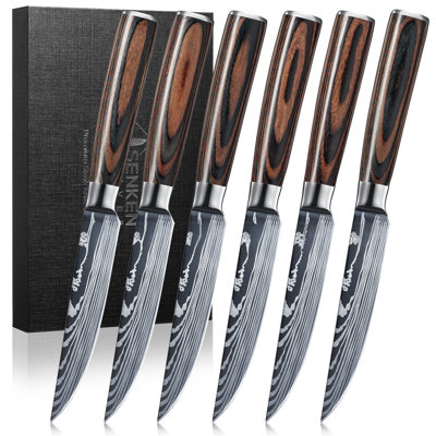 Senken Knives 'Imperial' 6-Piece Steak Knife Set with Smoothly Finished Wood Handles And Damascus Pattern, High Carbon Steel Blades, Luxury Gift Box