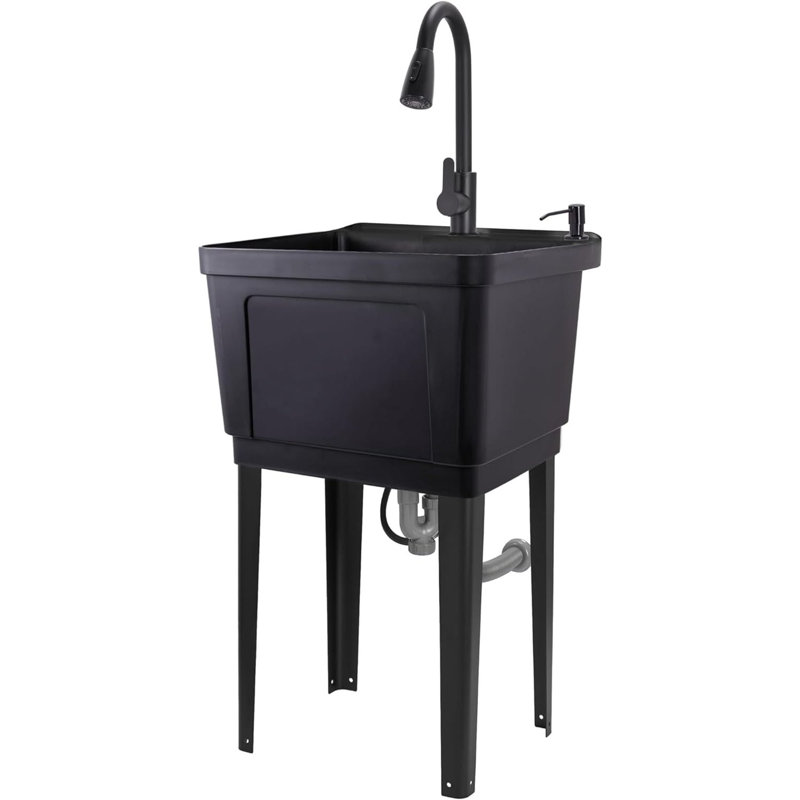 Évier utilitaire sur pied avec robinet rétractable, lavabo de salle de lavage avec pulvérisateur à col de cygne et plus