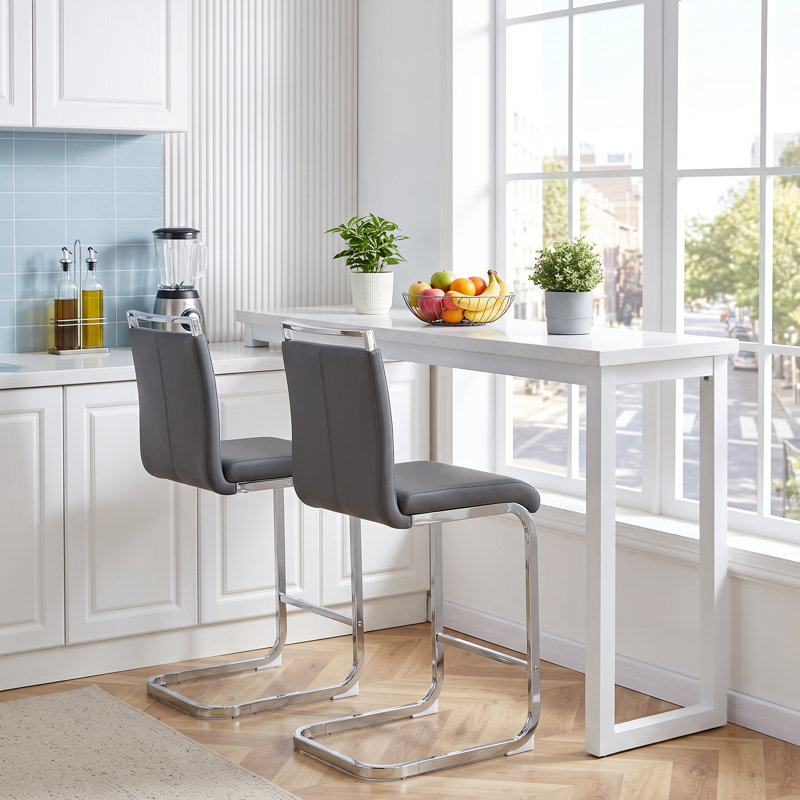 Chatrice 25'' Faux Leather Counter Stool with Metal Frame, Dark Gray, Silver