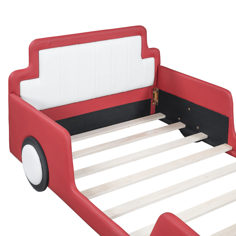 Lit plateforme simple en forme de voiture de course avec roues, rouge, Rouge