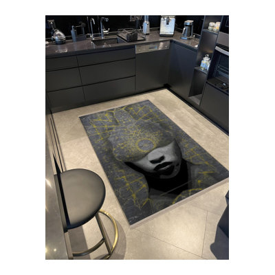 Yellow Themed Motif Surreal Woman Portrait Abstract Modern Decorative Washable Rug