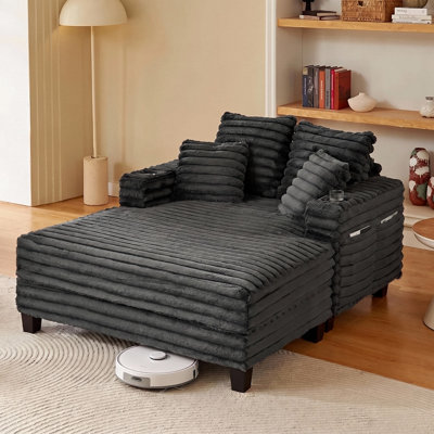 Méridienne intérieure, canapé-lit surdimensionné de 64 po avec structure en bois, canapé-lit rembourré pour salon, salle de cinéma, chambre à coucher avec 4 poches de rangement et 2 porte-gobelets (velours côtelé moelleux, gris)