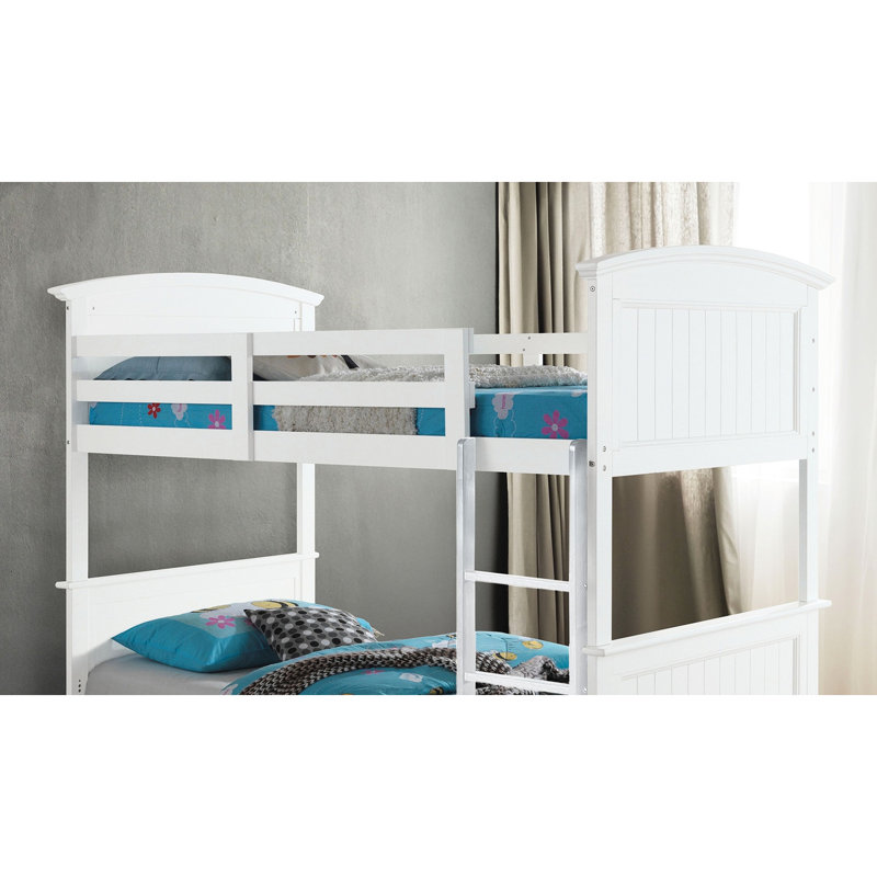 Lit superposé simple double transitionnel avec finition blanche, bois massif et bois d'ingénierie, tête de lit à panneau, réversible, pieds de support et système de verrouillage à insert Finition de style, conception de planche, pieds de joint