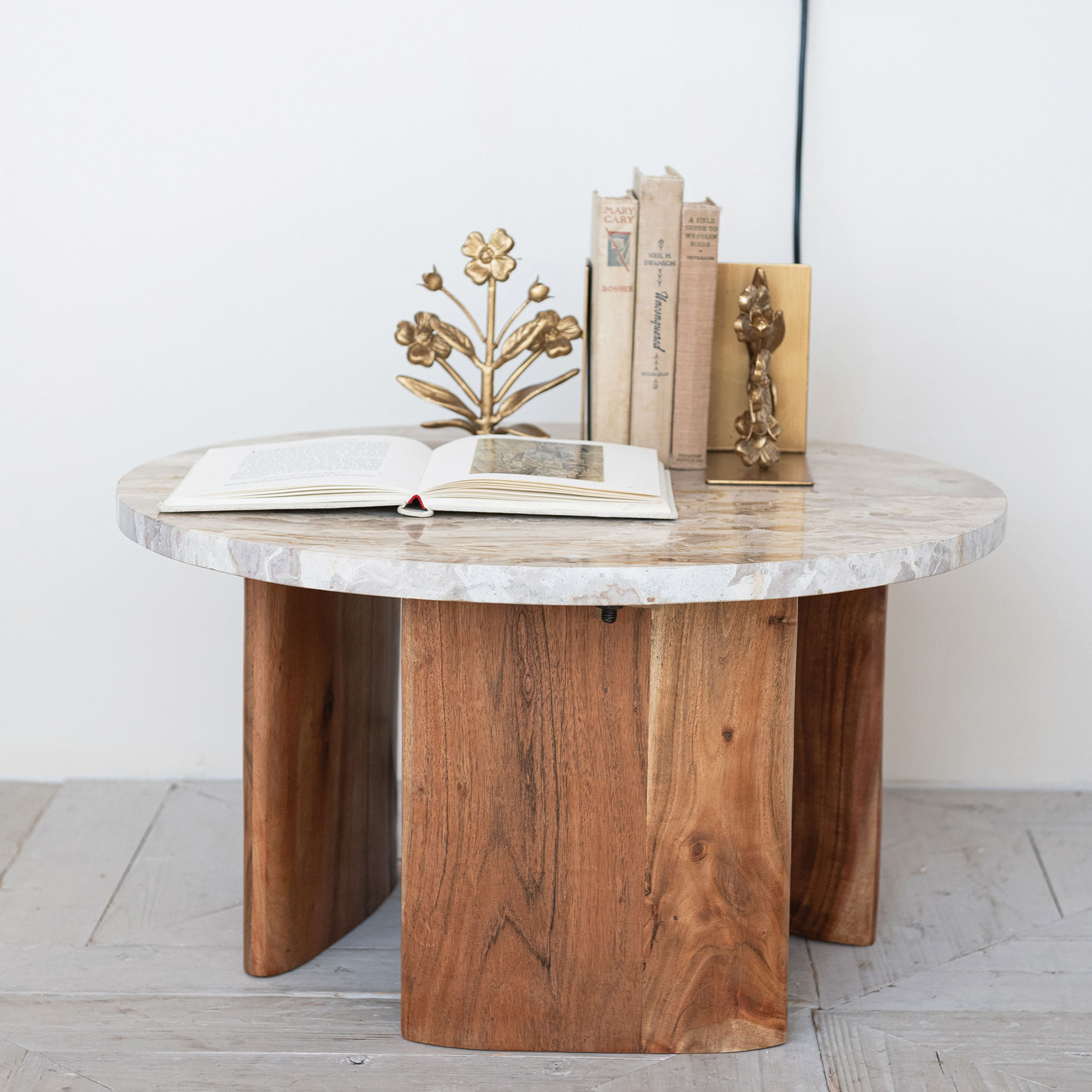 Millwood Pines Marble And Acacia Wood Coffee Table | Wayfair