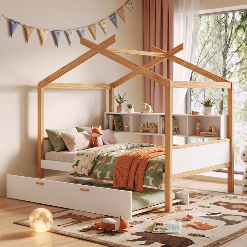 White Full Size Wooden House Bed with Natural Wood Frame, Twin Trundle Bed & Built-in Bookshelf Storage, Kids House Bed Frame for Bedroom Guest Room