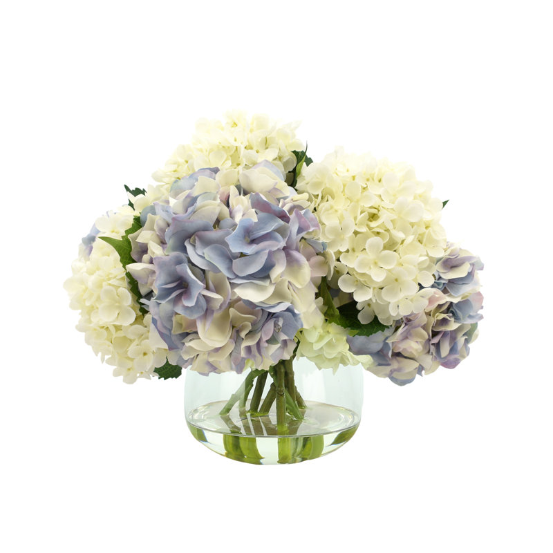Hortensias en vase, Lavande/blanc, H 15 po x l 16 po x P 16 po