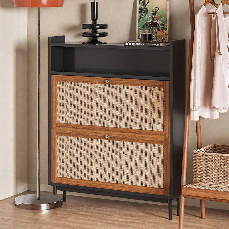 Simple Solid Wood and Rattan Narrow Shoe Cabinet
