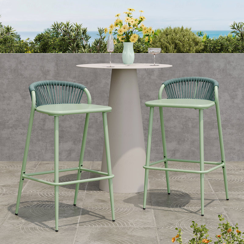 Ensemble de 2 tabourets de bar d'extérieur, structure en aluminium d'une hauteur de siège de 29 po avec dossier tissé en corde festonné