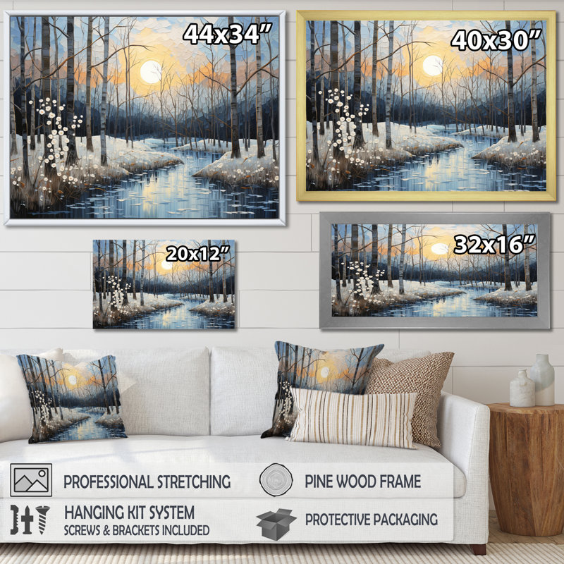 Birch Woods Mystic Moonlight III sur toile, H 34 po x l 44 po x P 1,5 po, Cadre photo noir