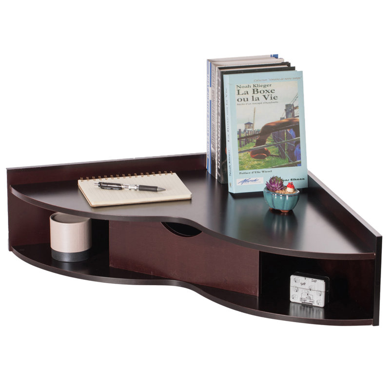 Basicwise Wall Mounted Folding Desk with Drawer & Shelves - Fold Down Table for Small Spaces, Home Office, Bedroom, Laundry - 33x23.5 in, Brown, Modern Floating Workspace, Space-Saving Design