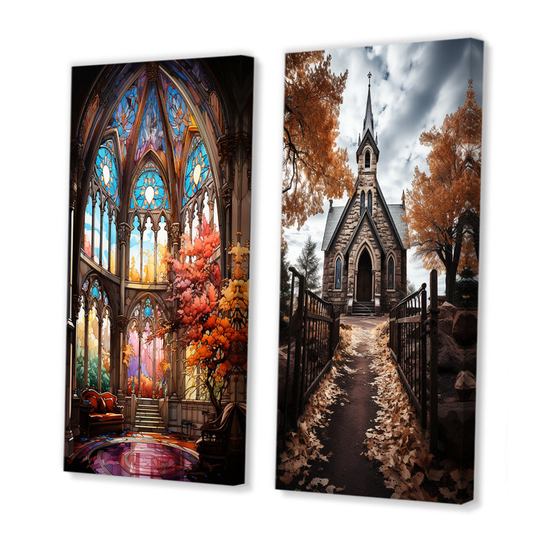 «Vitrail d'église», 2 pièces sur toile, Toile tendue, H 40 po x l 40 po