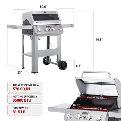Monument Grills Mesa 400MF 4-Burner Stainless Steel Gas Grill with 36,000 BTU, Glass Viewing Lid, Cast Iron Grates & 570 sq. in. Cooking Area, Propane BBQ Grill for Outdoor Cooking