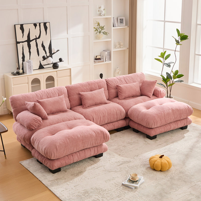Oversized U-Shaped Sectional Couch with 2 Ottomans and Cloud-look Cushions for Ultimate Comfort, Pink Velvet