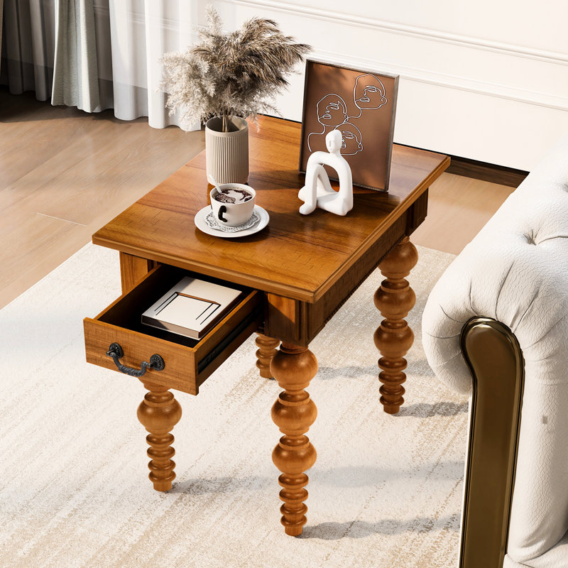 Table de bout en bois massif naturel avec tiroir, côté pour le salon et bois d'hévéa, imperméable, facile à assembler, espace traditionnel idéal naturel antique, placage, plateau de table imperméable, pieds, propre