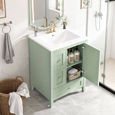 Meuble-lavabo de 24 po avec rangement: tablette réglable, fabrication en bois d'hévéa et en bois d'hévéa, séparateurs amovibles