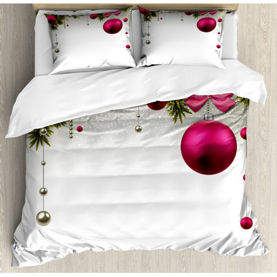 Ambesonne Christmas Duvet Cover Set, Vivid Fir Twigs Balls, Calking, Magenta Olive Green Grey -  nev_39800_calking