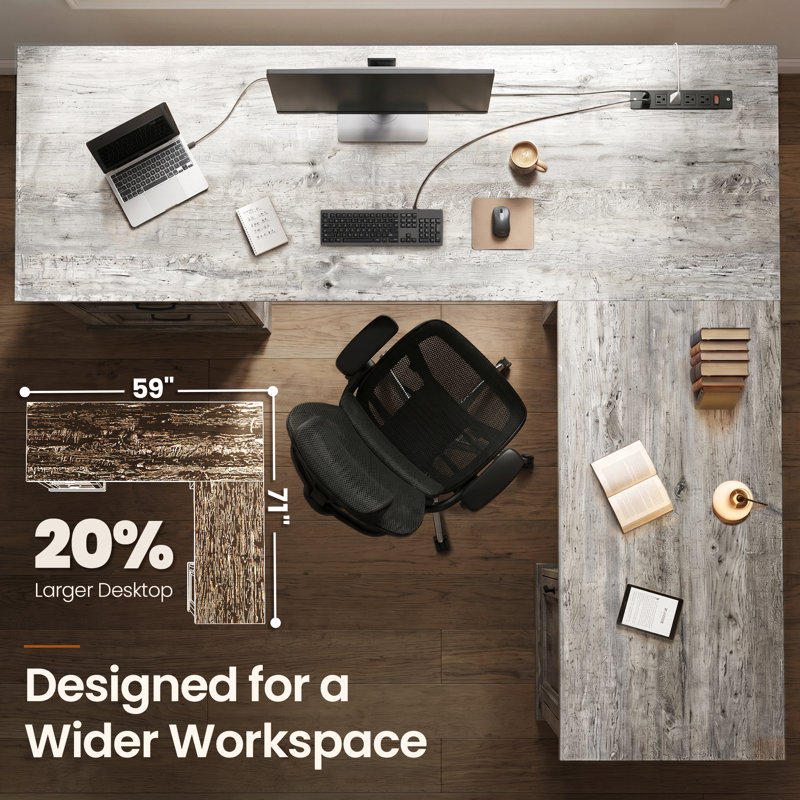 71" L-shaped Executive Desk With Power Outlets And  File Drawer
