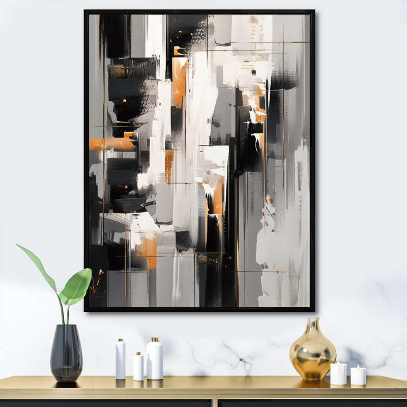 " Grey Black Multifaceted Whirls ", Black Floater Framed, 44" H x 34" W x 1.5" D