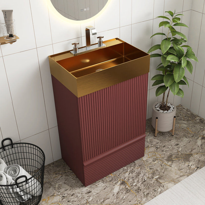 20" Freestanding  Bathroom Vanity In Red With Integrated Brushed Gold 304 Stainless Steel Sink Top, Red
