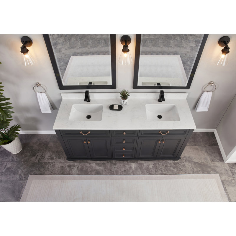 72" Solid Wood Sink Vanity  With 1' Artificial Stone Top, Tricorn Black