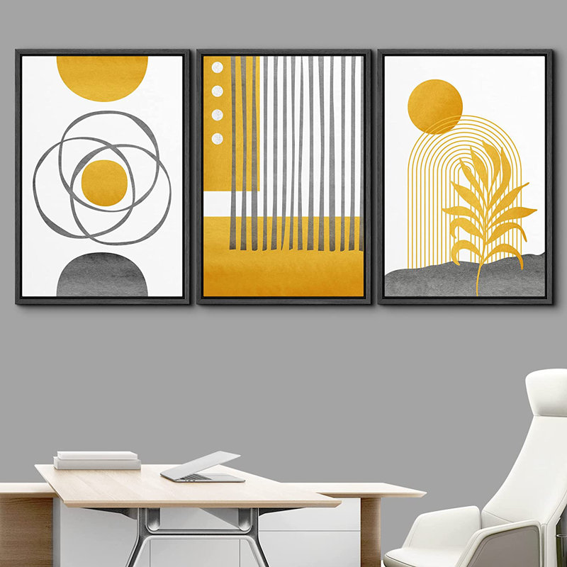 Cadre flottant de style Mid-Century moderne 3 pièces, impression sur toile, Noir, H 24 po x l 48 po x P 1,5 po