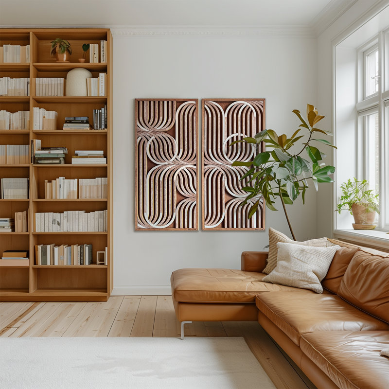 Ensemble de 2 appliques murales géométriques en bois au fini chêne blanc, H 44 po x l 43,5 po, 2